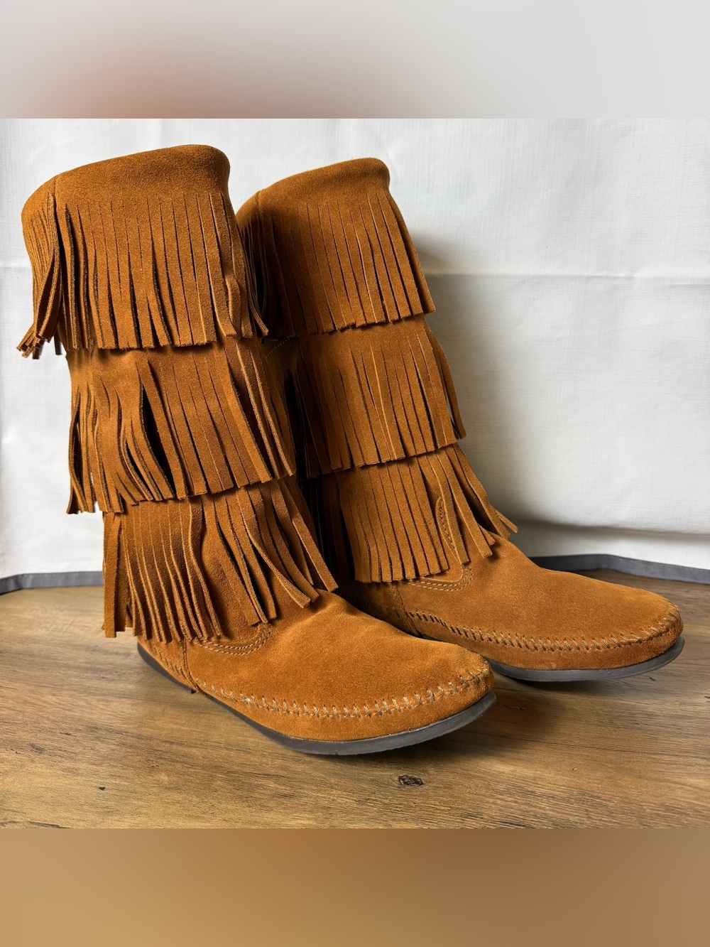 Minnetonka Layered Fringe Suede Mid-Calf Boots — Chestnut